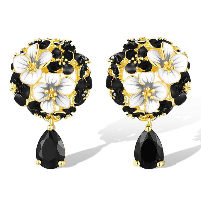 Gold Tone Black and White Floral Drop Earrings with Teardrops
