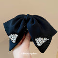 Oversized Black Fabric Bow Hair Claw Rhinestone Tips view 2