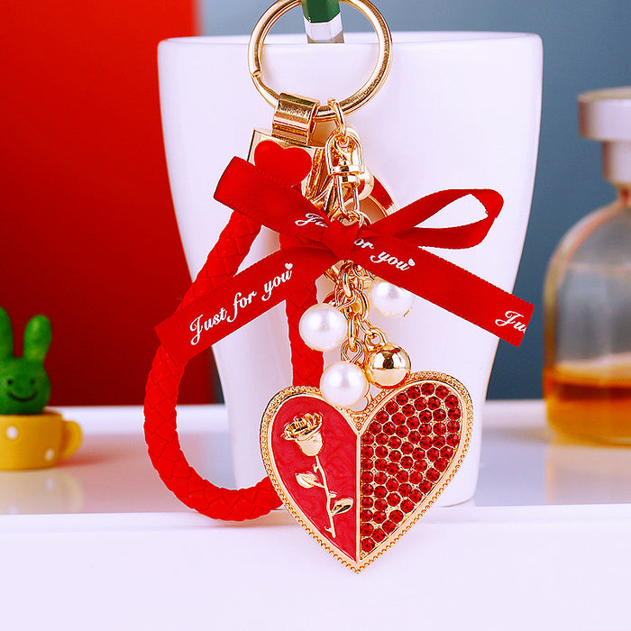 Rose Heart Keychains with Pearl Bow Fortune Cords and Loose Loops
