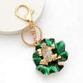 Green Enamel Lotus Leaf Gold Frog Rhinestone Keychain view 4