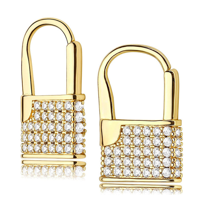 Gold Tone Padlock Shape Pavé Stud Earrings Clear Stones