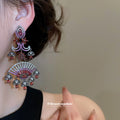Silver Red and Pink Fan Drop Earrings with Ornate Fringe view 4