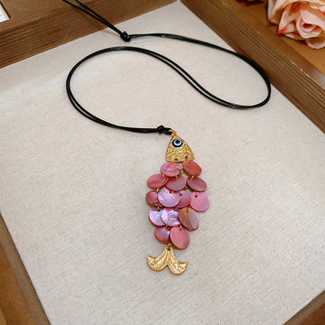 Mother of Pearl Fish Pendant Necklace Gold Head Black Cord