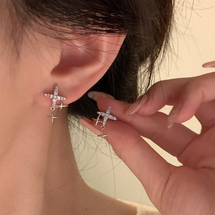 Silver Tone Four Point Star Stud Earrings With Tiny Drops