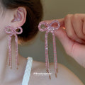 Pink Crystal Bow Tassel Stud Earrings Statement Pair view 4
