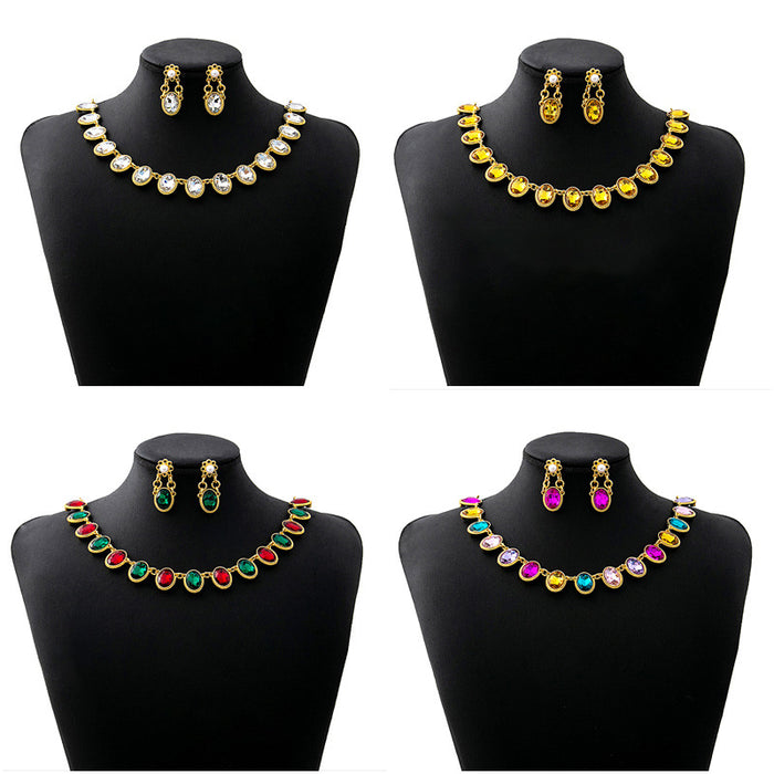 Gold Tone Gemstone Collar Necklace Matching Drop Earring Set