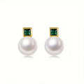 Gold Tone Square Green Stone Pearl Stud Earrings Pair view 5