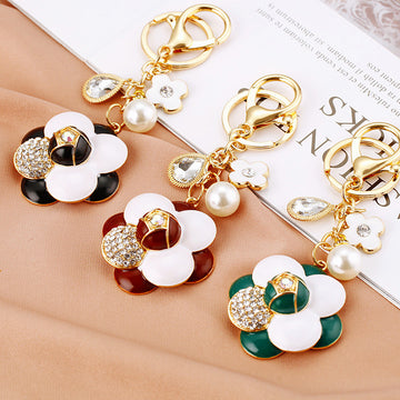 Layered Enamel Camellia Flower Keychains in Three Colors