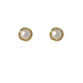 Gold Tone Textured Round Frame White Pearl Stud Earrings view 5