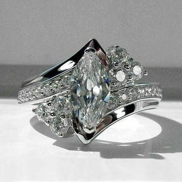 Marquise Clear Solitaire Round Side-Cluster Ring Silver Tone
