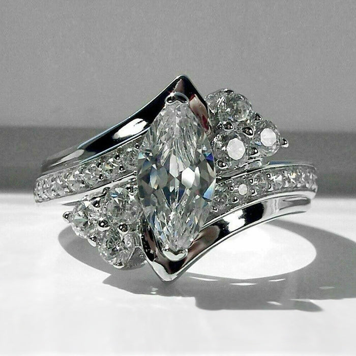 Marquise Clear Solitaire Round Side-Cluster Ring Silver Tone