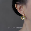 Pink Flower White Rabbit Leaf Wreath Drop Earrings view 2