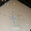 Rhinestone Butterfly Pearl Lariat Necklace Silver Gold view 2