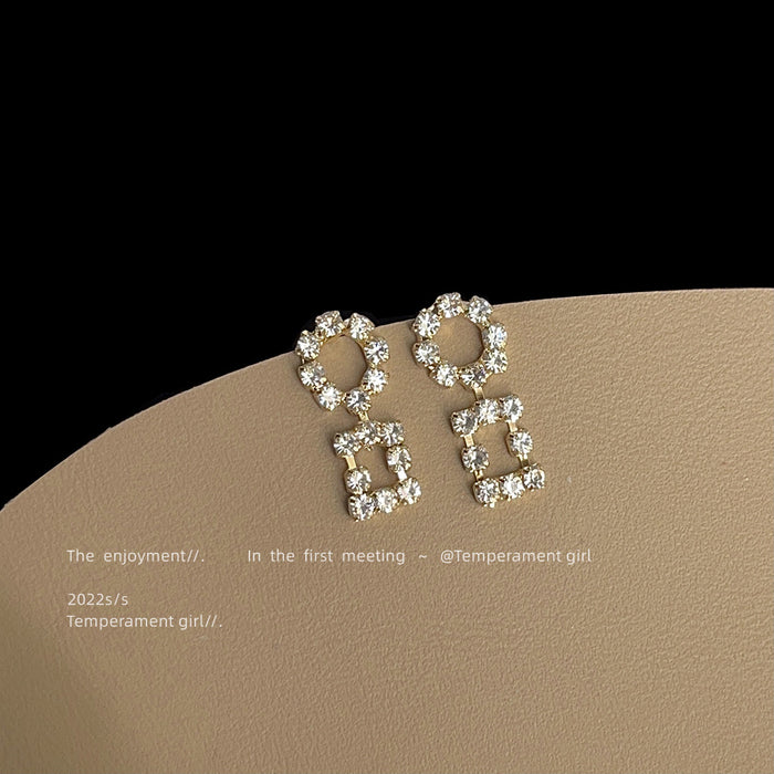 Gold Hollow Circle Square Rhinestone Geometric Drop Earrings