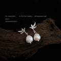 Silver Tone Leaf Branch Irregular White Pearl Drop Stud Earrings view 6