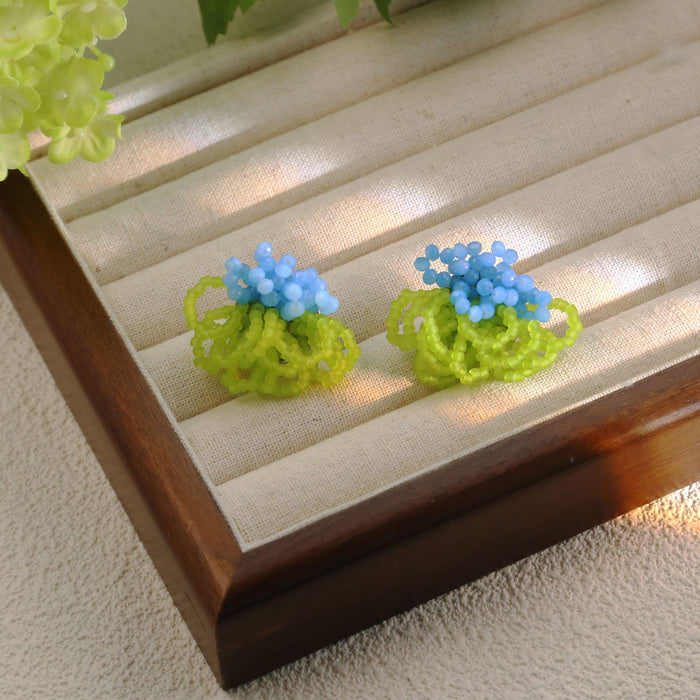Blue Bead Cluster and Green Loop Small Stud Earrings