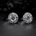 Round Clear Solitaire Halo Stud Earrings In Silver Tone view 2