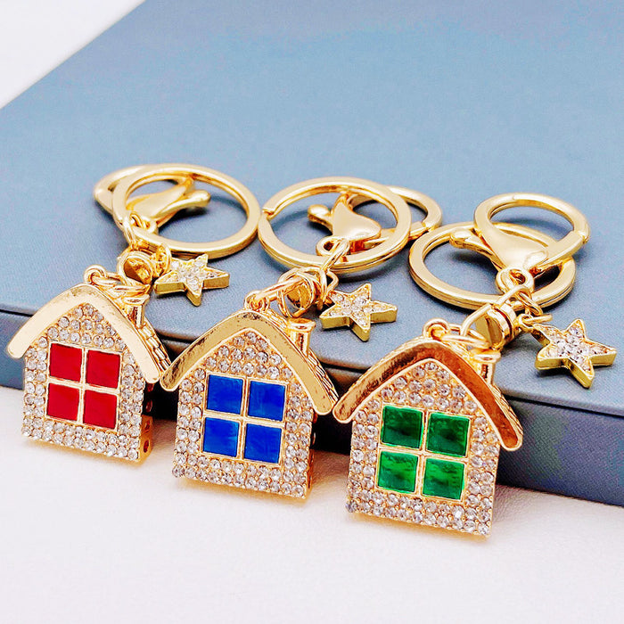 Jeweled House Keychains in Red Blue Green and Assorted Three Color Options