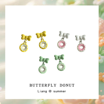 Bow Donut Drop Earrings Enamel Pink Green Yellow Pair