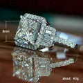 Square White Stone Ring with Stepped Pavé Halo and Band view 3
