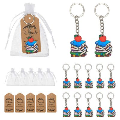 Book stack apple wood keychains with bags and tags