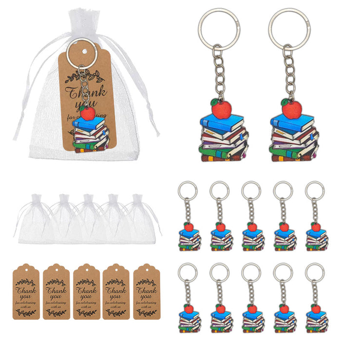 Book Stack Red Apple Printed Wood Keychain Ring Metal Charm