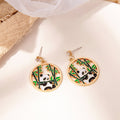 Panda in Bamboo Circle Silver Tone Dangle Stud Earrings view 2
