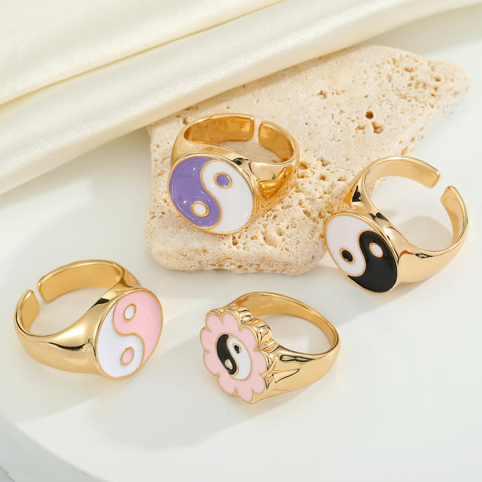 Gold Tone Enamel Yin Yang Adjustable Open Rings in Four Designs