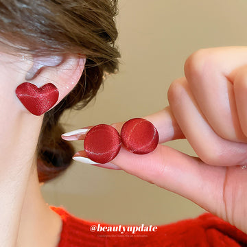 Red Fabric Covered Round Stud Earrings with Soft Sheen