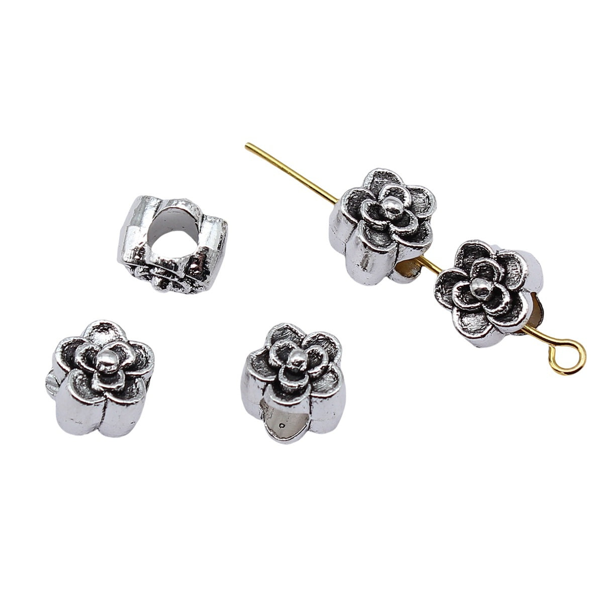 9x9x9mm 1.5g Antique Silver Zinc Alloy Flower Large Hole Beads for DIY Bracelet Necklace Making