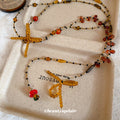 Yellow and Amber Beaded Bow Charm Layered Necklace view 2