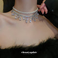 Silver Pearl Rhinestone Double Layer Teardrop Fringe Necklace view 3