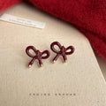 Wine Red Enamel Bow Stud Earrings Gold Tone Ribbon Tips view 3