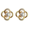 Gold Open Flower Pearl Stud Earrings Crystal Petal Accents view 5