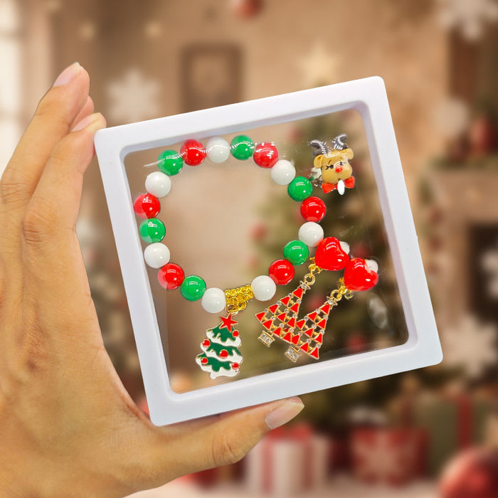 Christmas Tree Bead Bracelet Reindeer Ring Earrings Set