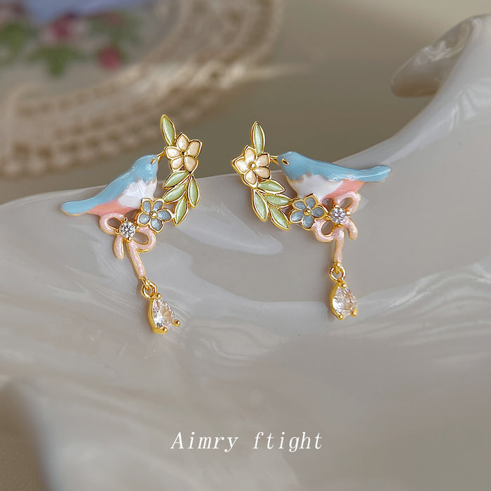 Gold Tone Blue Pink Bird Green Leaf And Clear Drop Stud Earrings