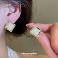 Gold Tone Mother of Pearl Stud Earrings in Round and Square Shapes view 3