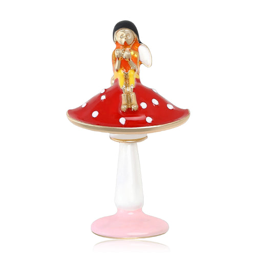 Front view of a small girl standing on a tall spotted mushroom