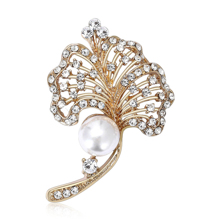 Crystal Ginkgo Leaf Brooch Pearl Accent Gold Silver
