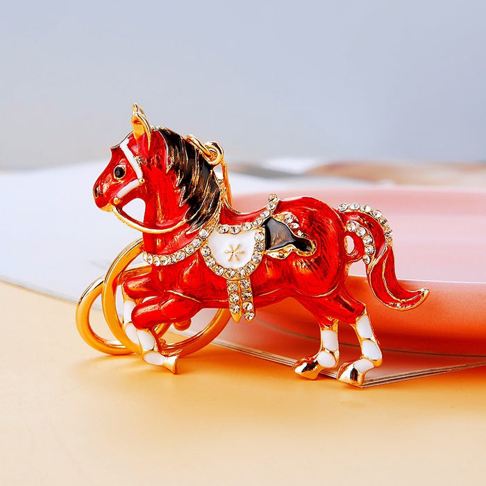 Jeweled Money Horse Keychain with Red Enamel and Gold Tone Hardware