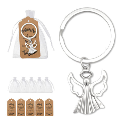 Angel keychain displayed beside white organza bags and printed brown tags.