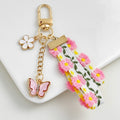 Embroidered Daisy Ribbon Keychain With Heart And Flower Charms view 1