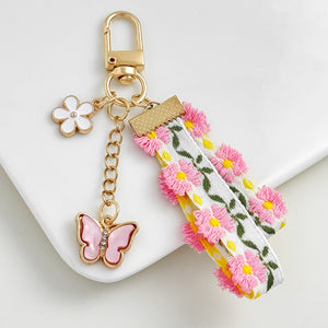 Embroidered Daisy Ribbon Keychain with Heart or Butterfly Charm