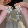 White Flower Stud Earrings with Clear Crystal Teardrops view 1