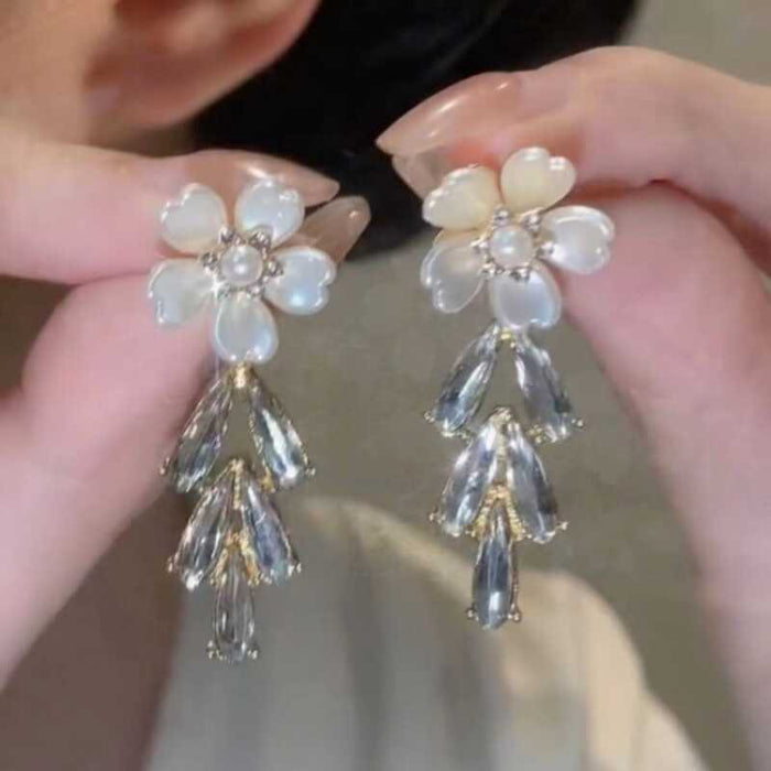 White Flower Stud Earrings with Clear Crystal Teardrops