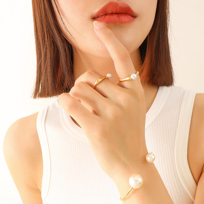 Sculptural Open Ring With Faux Pearl Gold And Steel