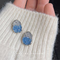 Silver Tone Clear Crackle Blue Gradient Oval Stud Earrings view 3