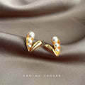 Gold Heart Stud Earrings Three Pearl Accent Metal Alloy view 3