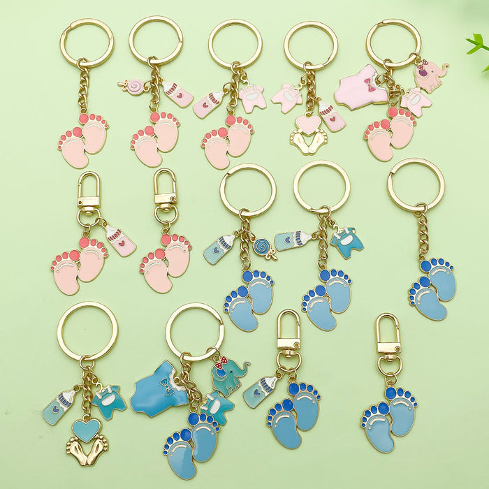 Baby Shower Charm Keychains Featuring Blue Feet Ring Across 14 Pictured Variations