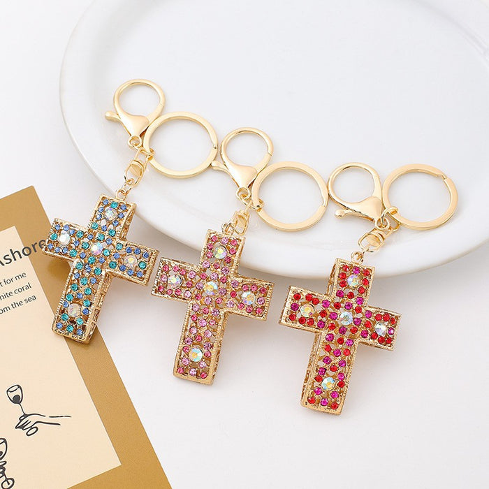 Gold Rhinestone Cross Keychain Hollow Metal Crystal Pendant